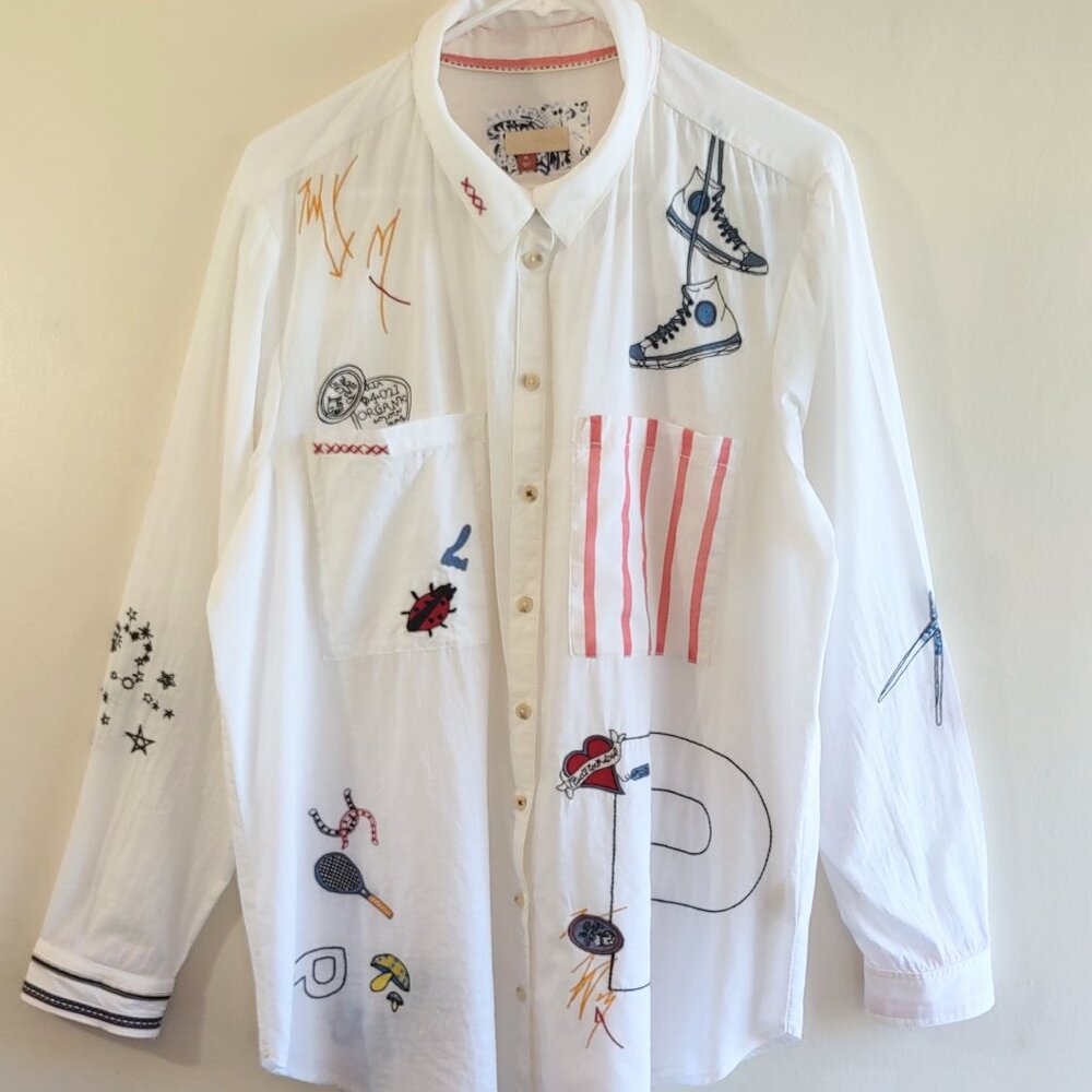 Anthropologie Pilcro Embroidered White Classic Shirt Retro Art Whimsy Size XL - Picture 5 of 16